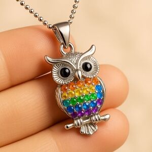 Silver and Red Owl Pendant Necklace with Crystal Accents